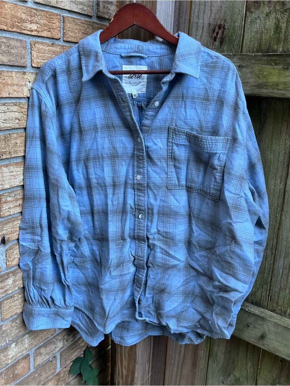 Aerie Oversized Light Blue Plaid Flannel Button-Down Shirt